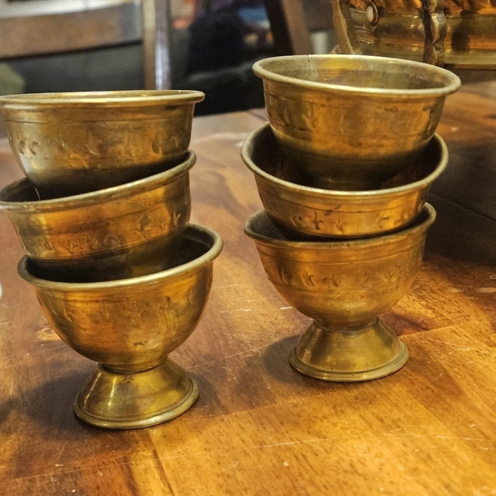 Brass Tea Set Arabian Jewish Coffee Pot Antique Set of 11 Cups w/ Tray Tea Pot